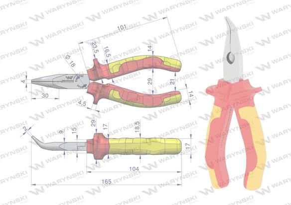 Szczypce izolowane, wydłużone wygięte 160 mm. VDE. Waryński