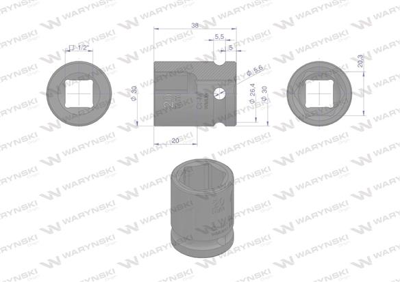 Nasadka udarowa sześciokątna 1/2". 20 mm. CrMo. DIN 3129. Waryński