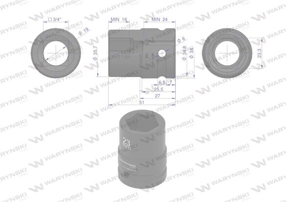 Nasadka udarowa sześciokątna 3/4". 23 mm. CrMo. DIN 3129. Waryński