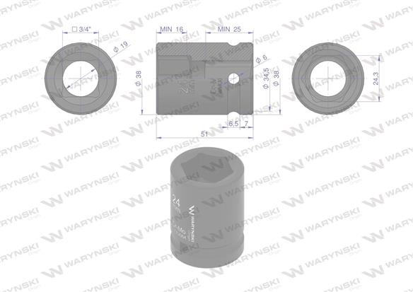 Nasadka udarowa sześciokątna 3/4". 24 mm. CrMo. DIN 3129. Waryński