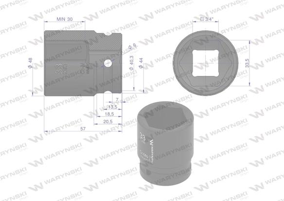 Nasadka udarowa sześciokątna 3/4". 33 mm. CrMo. DIN 3129. Waryński