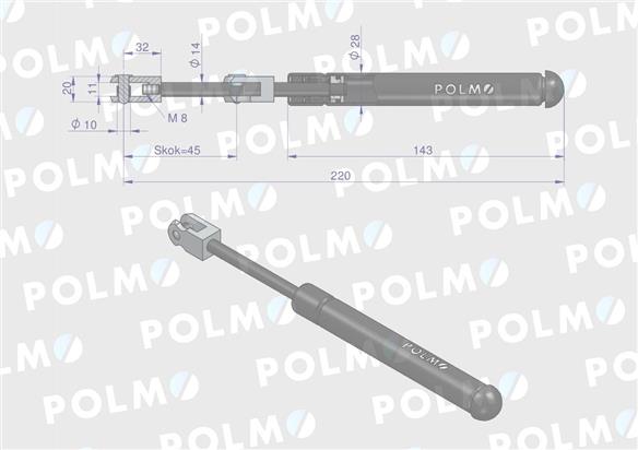 Siłownik szyba przednia L max. 220mm 65499076 FRITZMEIER POLMO