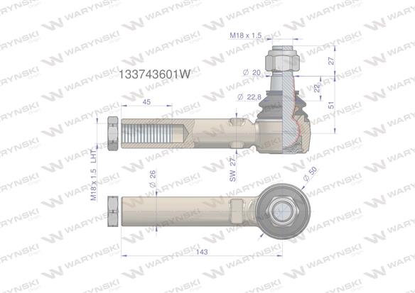 Przegub kierowniczy 143mm - 18x1,5L 133743601 WARYŃSKI