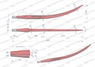 Ząb ładowacza czerwony wygięty zamykający L- 680 mm chwytak (krokodyl) zas. 5193-FT89K Tur WARYŃSKI W9132-680K