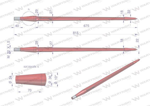 Ząb ładowacza uniwersalny czerwony prosty L- 810 mm zastosowanie 5193-FT1N Tur WARYŃSKI W9132-810P
