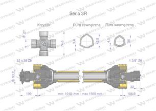 Wał przegubowo-teleskopowy 1010-1560mm 460Nm 32X38 Z8 rosyjski CE seria 3R WARYŃSKI