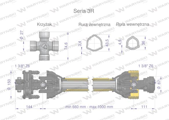 Wał przegubowo-teleskopowy 660-1000mm 460Nm sprzęgło cierne 900Nm CE 2020 seria 3R Waryński