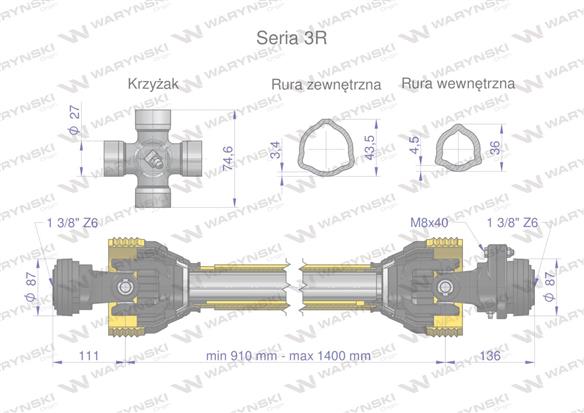 Wał przegubowo-teleskopowy 910-1400mm 460Nm sprzęgło z kołkiem 1400Nm CE 2020 seria 3R WARYŃSKI