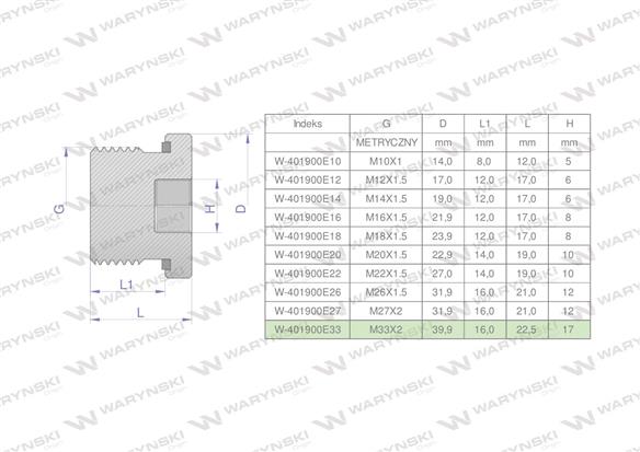 Korek hydrauliczny metryczny (na imbus) M33x2 ED Waryński ( sprzedawane po 2 )-169047