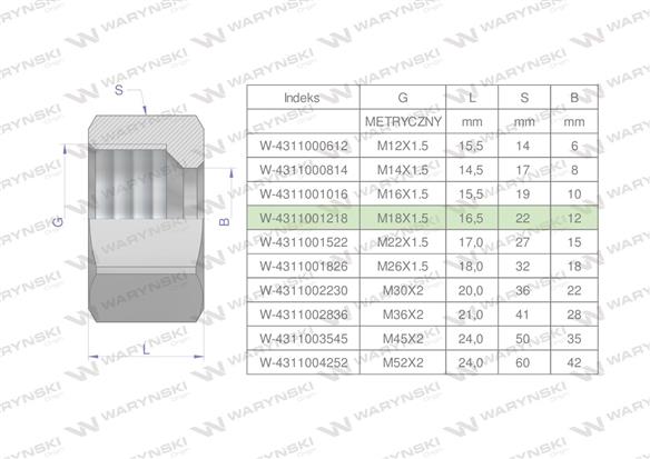 Nakrętka hydrauliczna metryczna (M12L) M18x1.5 12L Waryński ( sprzedawane po 20 )-169100