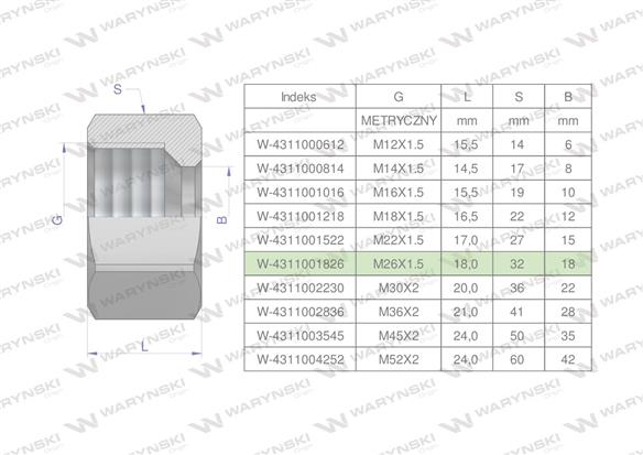 Nakrętka hydrauliczna metryczna (M18L) M26x1.5 18L Waryński ( sprzedawane po 10 )-169146