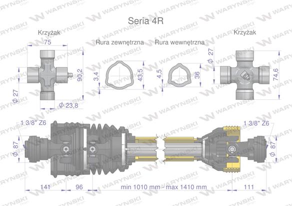 Wał przegubowo-teleskopowy 1010-1410mm 540Nm szerokokątny CE 2020 seria 4R Waryński