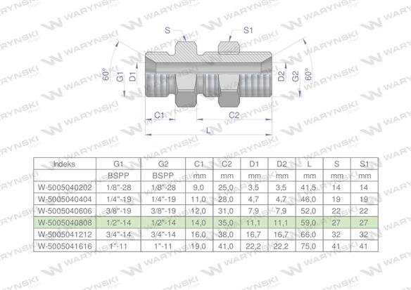 Złączka hydrauliczna calowa grodziowa BB 1/2" BSP z przeciwnakrętką (XSV) Waryński ( sprzedawane po 2 )-168640