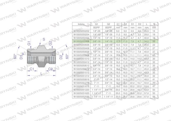 Złączka hydrauliczna redukcyjna calowa BB 3/8" x 1/4" BSP Waryński ( sprzedawane po 10 )-170435