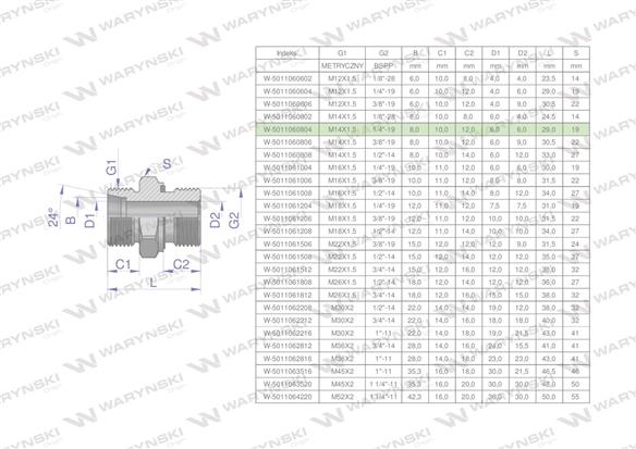 Przyłączka hydrauliczna BB (XGE) M14x1.5 08L x 1/4" BSP ED Waryński ( sprzedawane po 5 )-170103