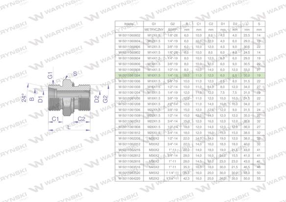 Przyłączka hydrauliczna BB (XGE) M16x1.5 10L x 1/4" BSP ED Waryński ( sprzedawane po 5 )-170121