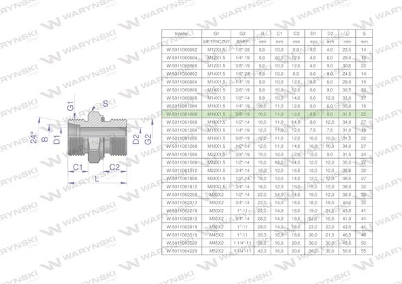 Przyłączka hydrauliczna BB (XGE) M16x1.5 10L x 3/8" BSP ED Waryński ( sprzedawane po 10 )