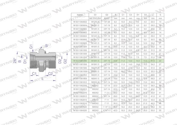 Przyłączka hydrauliczna BB (XGE) M18x1.5 12L x 3/8" BSP ED Waryński ( sprzedawane po 10 )-170045