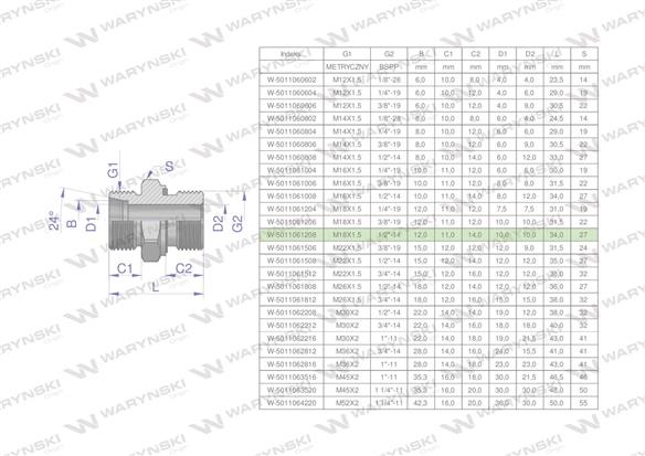 Przyłączka hydrauliczna BB (XGE) M18x1.5 12L x 1/2" BSP ED Waryński ( sprzedawane po 10 )-170056