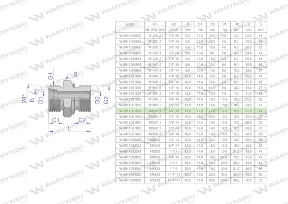 Przyłączka hydrauliczna BB (XGE) M22x1.5 15L x 3/8" BSP ED Waryński ( sprzedawane po 10 )-170068