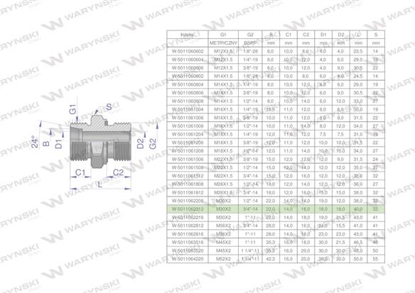 Przyłączka hydrauliczna BB (XGE) M30x2 22L x 3/4" BSP ED Waryński ( sprzedawane po 2 )-170156