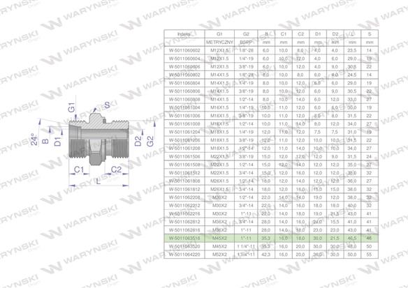 Przyłączka hydrauliczna BB (XGE) M45x2 35L3 35L x 1" BSP ED Waryński-170180