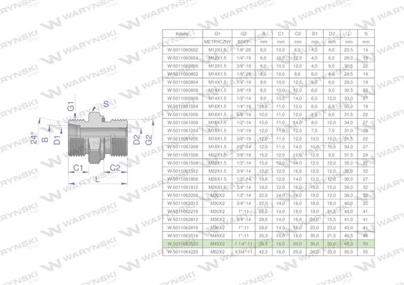 Przyłączka hydrauliczna BB (XGE) M45x2 35L x 1 1/4" BSP ED Waryński-170186