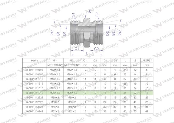 Złączka hydrauliczna metryczna BB M26x1.5 18L (XG) Waryński ( sprzedawane po 5 )