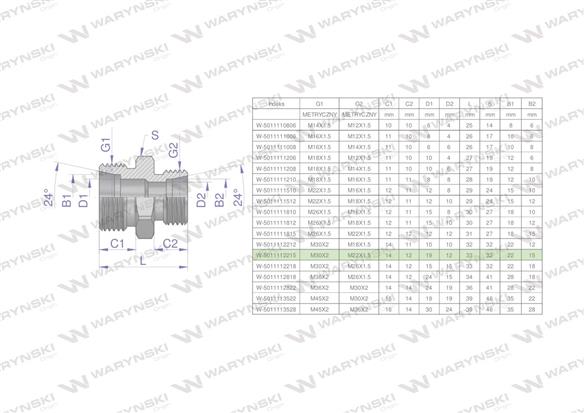 Złączka hydrauliczna redukcyjna metryczna BB M30x2 22L / M22x1.5 15L (XG) Waryński-170552