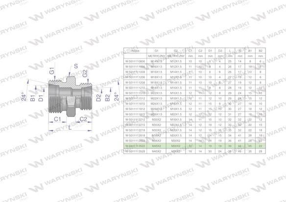 Złączka hydrauliczna redukcyjna metryczna BB M45x2 35L / M30x2 22L (XG) Waryński-170571