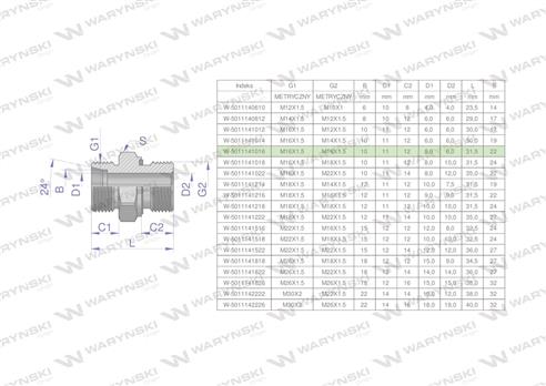 Przyłączka hydrauliczna metryczna BB (XGE) M16x1.5 10L x M16x1.5 ED Waryński ( sprzedawane po 5 )