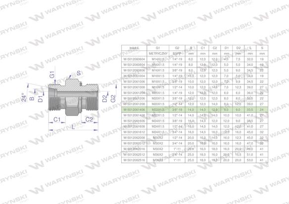 Przyłączka hydrauliczna (odmiana ciężka XGE) BB M22x1.5 14S x 3/8" BSP ED Waryński ( sprzedawane po 5 )-170251