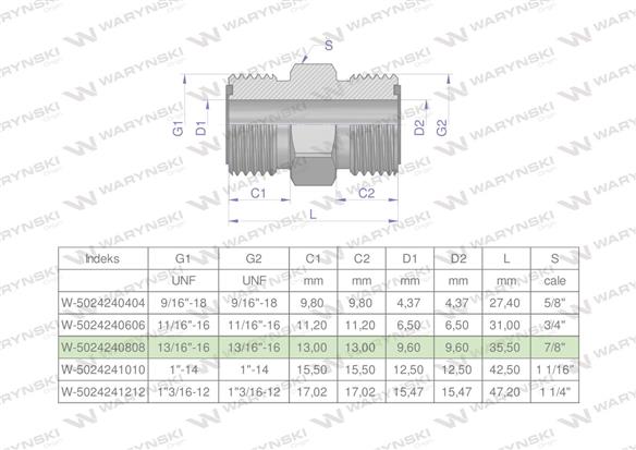 Złączka hydrauliczna calowa BB 13/16" ORFS (UNF) Waryński ( sprzedawane po 2 )-169872