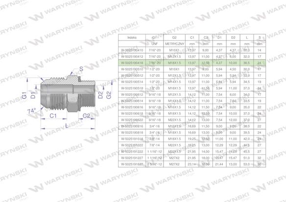 Przyłączka hydrauliczna BB 7/16"UNF (JIC) x M18x1.5 (XGE) Waryński ( sprzedawane po 2 )-170320