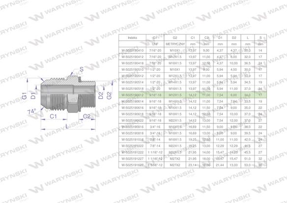 Przyłączka hydrauliczna BB 9/16"UNF (JIC) x M12x1.5 (XGE) Waryński ( sprzedawane po 2 )-170348