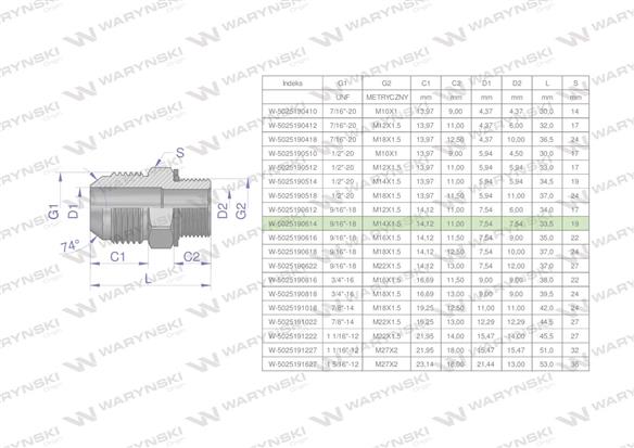 Przyłączka hydrauliczna BB 9/16"UNF (JIC) x M14x1.5 (XGE) Waryński ( sprzedawane po 2 )-170354