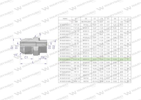 Przyłączka hydrauliczna BB 9/16"UNF (JIC) x M22x1.5 (XGE) Waryński ( sprzedawane po 2 )