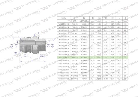 Przyłączka hydrauliczna BB 9/16"UNF (JIC) x M22x1.5 (XGE) Waryński ( sprzedawane po 2 )-170372