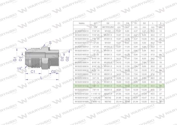 Przyłączka hydrauliczna BB 7/8"UNF (JIC) x M18x1.5 (XGE) Waryński ( sprzedawane po 2 )-170390