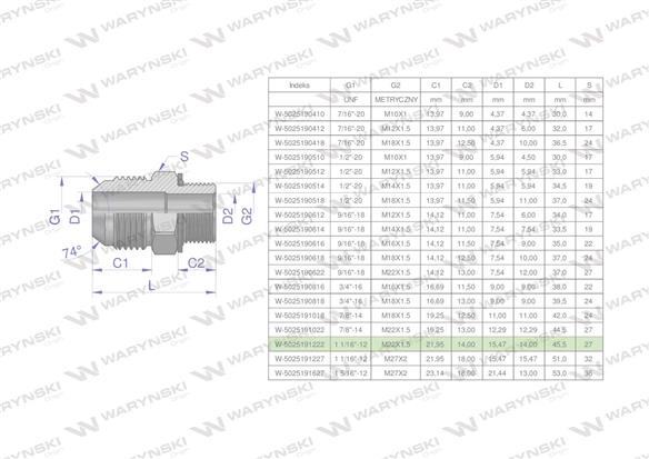 Przyłączka hydrauliczna BB 1 1/16"UNF (JIC) x M22x1.5 (XGE) Waryński ( sprzedawane po 2 )-170401