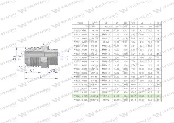 Przyłączka hydrauliczna BB 1 1/16"UNF (JIC) x M27x2 (XGE) Waryński ( sprzedawane po 2 )-170406