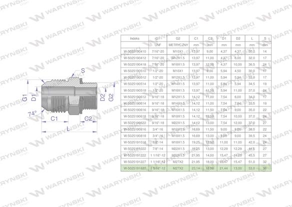 Przyłączka hydrauliczna BB 1 5/16"UNF (JIC) x M27x2 (XGE) Waryński ( sprzedawane po 2 )-170411