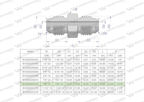 Złączka hydrauliczna calowa BB 7/8" UNF (JIC) Waryński ( sprzedawane po 2 )-169914