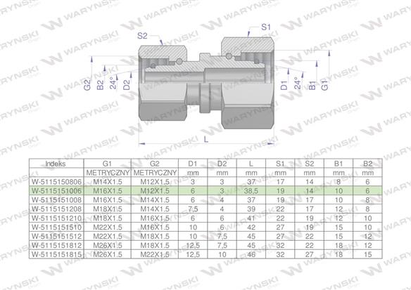 Złączka hydrauliczna metryczna AA M16x1.5 10L x M12x1.5 06L Waryński ( sprzedawane po 2 )-173357