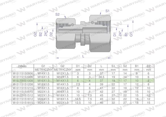 Złączka hydrauliczna metryczna AA M16x1.5 10L x M14x1.5 08L Waryński ( sprzedawane po 2 )-173355