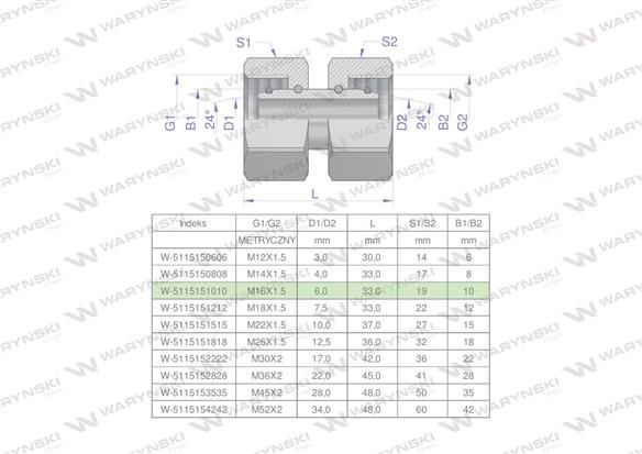 Złączka hydrauliczna metryczna AA M16x1.5 10L Waryński ( sprzedawane po 5 )-168758