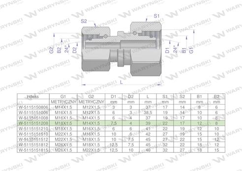 Złączka hydrauliczna metryczna AA M18x1.5 12L x M14x1.5 08L Waryński ( sprzedawane po 2 )