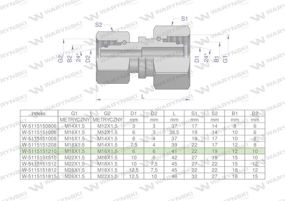 Złączka hydrauliczna metryczna AA M18x1.5 12L x M16x1.5 10L Waryński ( sprzedawane po 5 )-173351