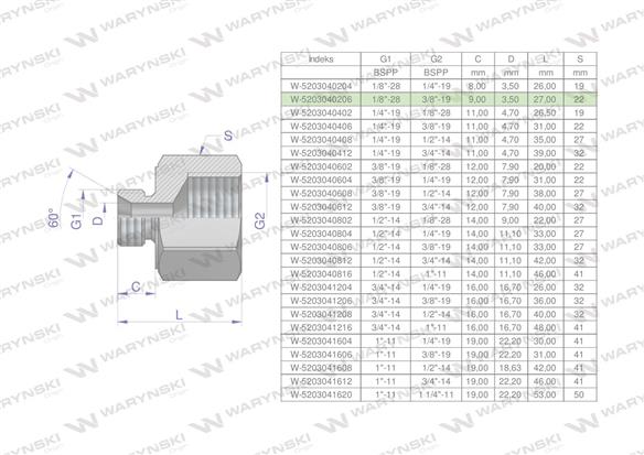 Tulejka różnicowa hydrauliczna calowa AB 1/8"GZ x 3/8"GW BSP Waryński ( sprzedawane po 2 )-169203