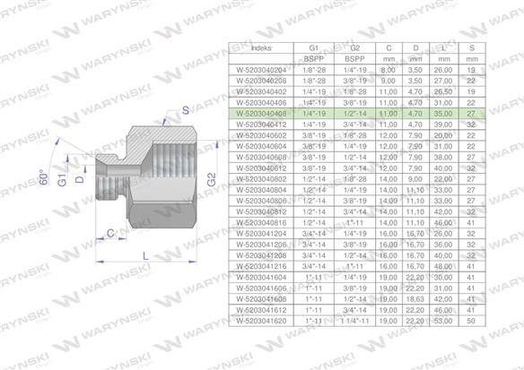 Tulejka różnicowa hydrauliczna calowa AB 1/4"GZ x 1/2"GW BSP Waryński ( sprzedawane po 2 )-169221